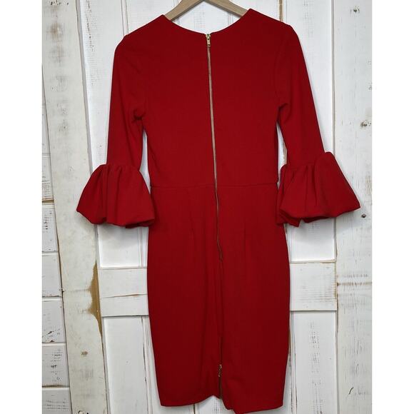 BETSY & ADAM Red Bell Sleeve Gold Zipper Midi Formal Sheath Cocktail Dress 4 - Picture 2 of 12
